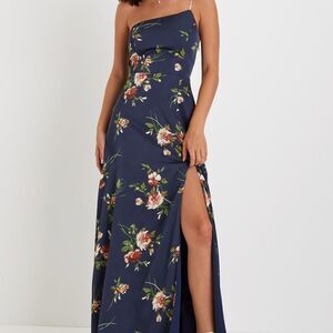 NWT Lulus Exceptional Attraction Navy Blue Floral One-Shoulder Maxi Dress Size S